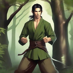 A martial artist wood elf (D&D style) with coppery skin and black hair, standing in a forest setting