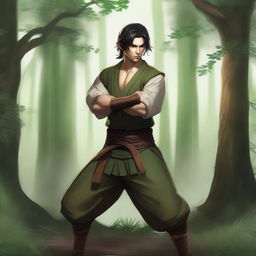 A martial artist wood elf (D&D style) with coppery skin and black hair, standing in a forest setting