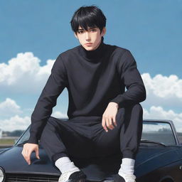 Full body illustration of an anime style male character with short black hair, wearing a turtleneck shirt, sitting on top of a car.