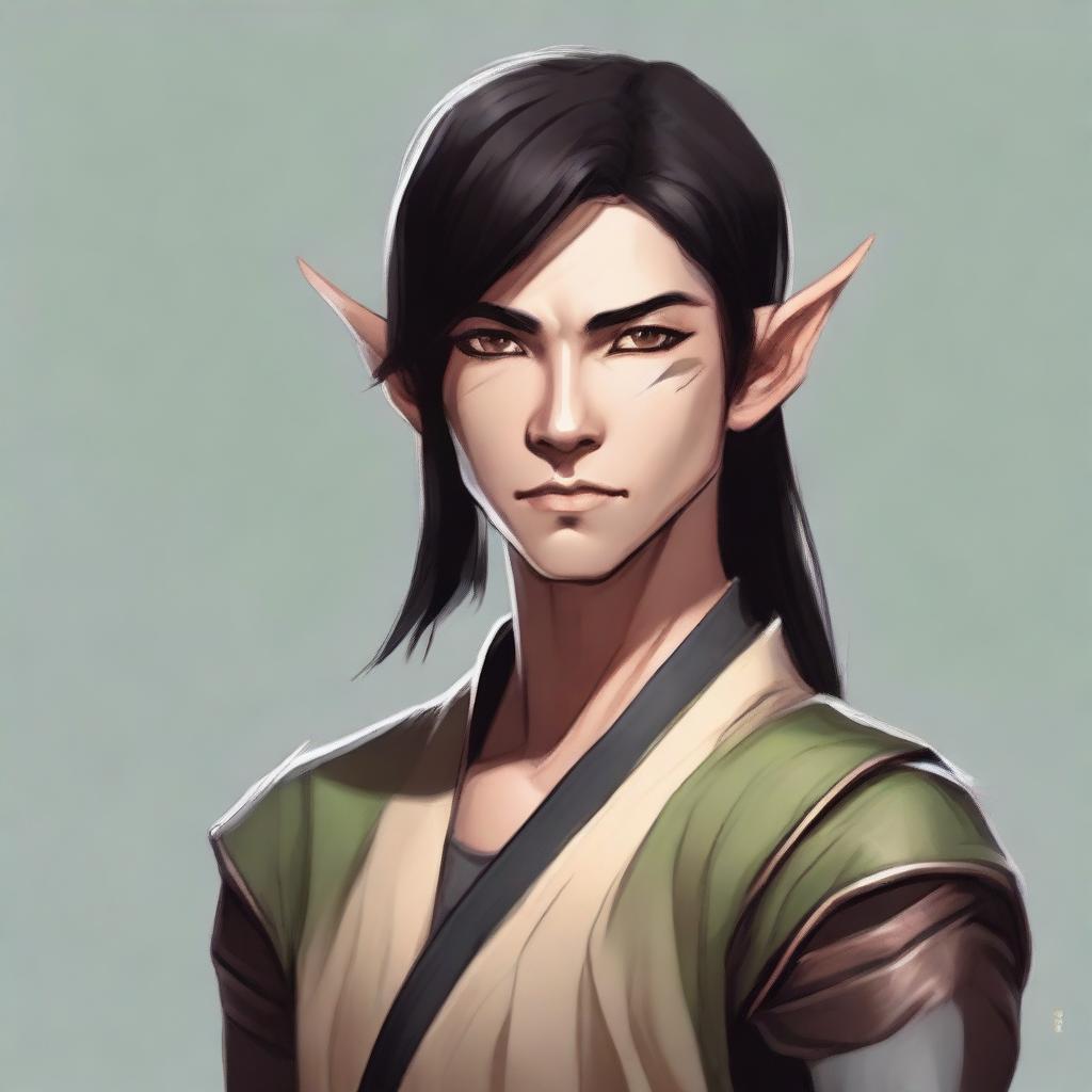 A portrait of a martial artist wood elf (D&D style) with coppery skin and black hair