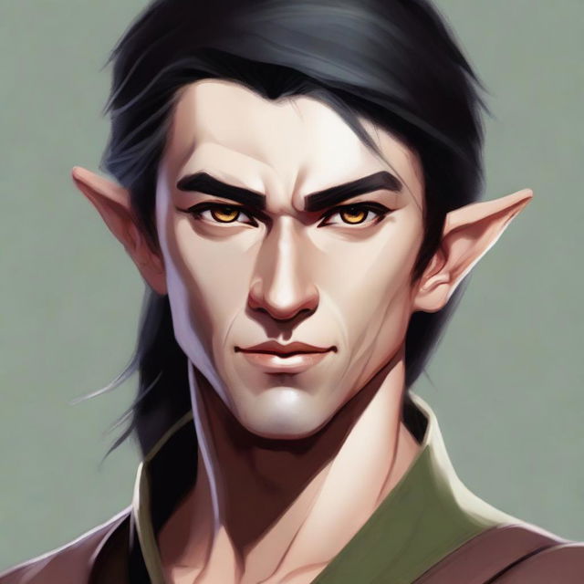 A portrait of a martial artist wood elf (D&D style) with coppery skin and black hair