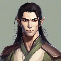 A portrait of a martial artist wood elf (D&D style) with coppery skin and black hair