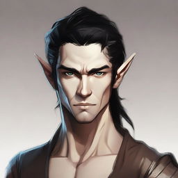 A portrait of a martial artist wood elf (D&D style) with coppery skin and black hair