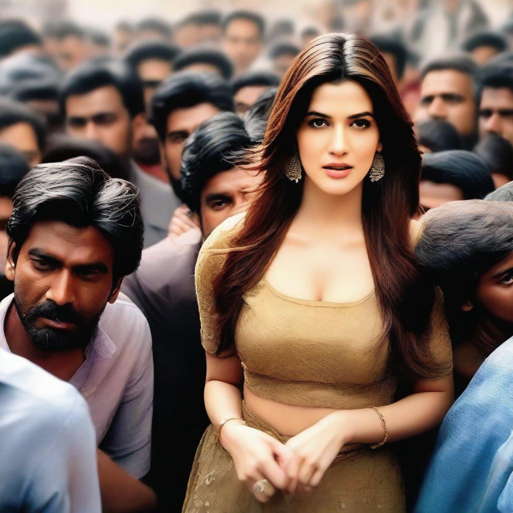 A scene featuring Bollywood actress Kriti Sanon in a public setting, surrounded by people