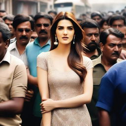 A scene featuring Bollywood actress Kriti Sanon in a public setting, surrounded by people