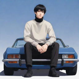 Full body illustration of an anime style male character with short black hair, wearing a turtleneck shirt, sitting on top of a car.