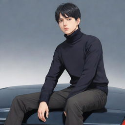 Full body illustration of an anime style male character with short black hair, wearing a turtleneck shirt, sitting on top of a car.