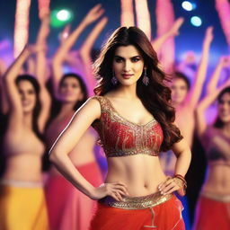 Bollywood actress Kriti Sanon performing an energetic item song in a dense crowd