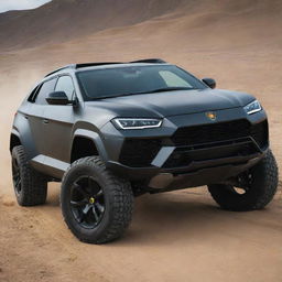 Lamborghini cars transformed into high-class SUVs, maintaining the iconic Lamborghini design elements but with more space, robust frames and off-road capabilities.