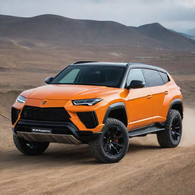 Lamborghini cars transformed into high-class SUVs, maintaining the iconic Lamborghini design elements but with more space, robust frames and off-road capabilities.