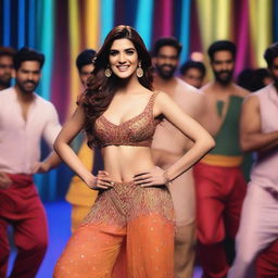 Bollywood actress Kriti Sanon in a glamorous setting, performing a dance routine with male dancers