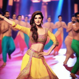 Bollywood actress Kriti Sanon in a glamorous setting, performing a dance routine with male dancers