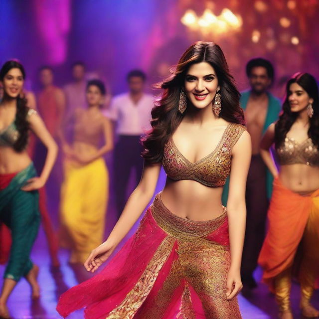 Bollywood actress Kriti Sanon in a glamorous setting, performing a dance routine with male dancers