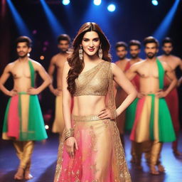 Bollywood actress Kriti Sanon in a glamorous setting, performing a dance routine with male dancers