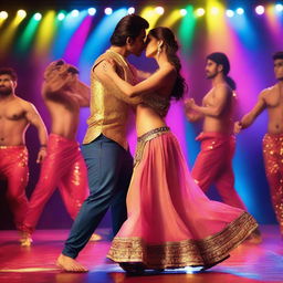 A scene featuring Kriti Sanon kissing male dancers