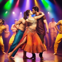 A scene featuring Kriti Sanon kissing male dancers