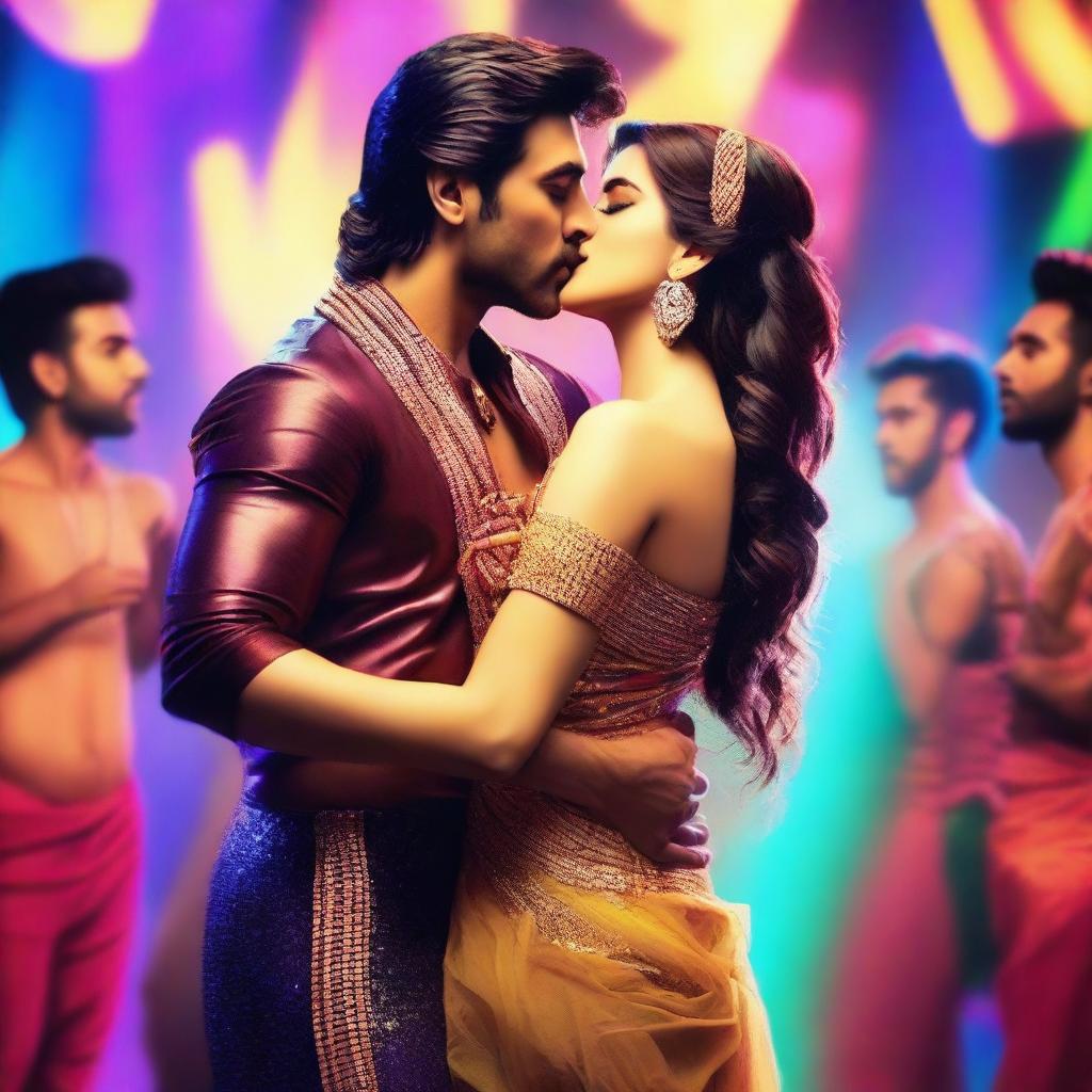 A scene featuring Kriti Sanon kissing male dancers