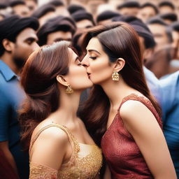 A detailed and realistic image of Kriti Sanon, the Bollywood actress, kissing people in a crowd