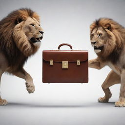 A dynamic animation showing a fierce competition between an animated, lively briefcase and a majestic lion. The briefcase and the lion appear in a playful face-off, highlighting an exciting surreal scene.