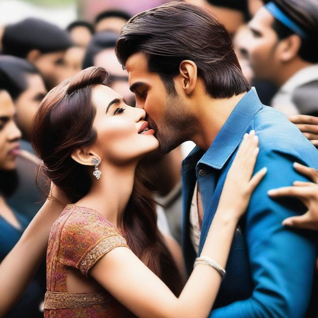 A detailed and realistic image of Kriti Sanon, the Bollywood actress, kissing people in a crowd