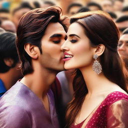 A detailed and realistic image of Kriti Sanon, the Bollywood actress, kissing people in a crowd