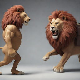 A dynamic animation showing a fierce competition between an animated, lively briefcase and a majestic lion. The briefcase and the lion appear in a playful face-off, highlighting an exciting surreal scene.