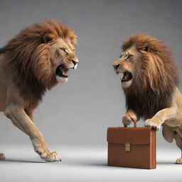 A dynamic animation showing a fierce competition between an animated, lively briefcase and a majestic lion. The briefcase and the lion appear in a playful face-off, highlighting an exciting surreal scene.