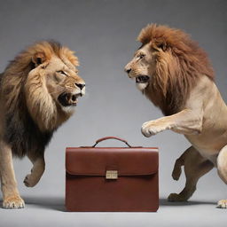 A dynamic animation showing a fierce competition between an animated, lively briefcase and a majestic lion. The briefcase and the lion appear in a playful face-off, highlighting an exciting surreal scene.