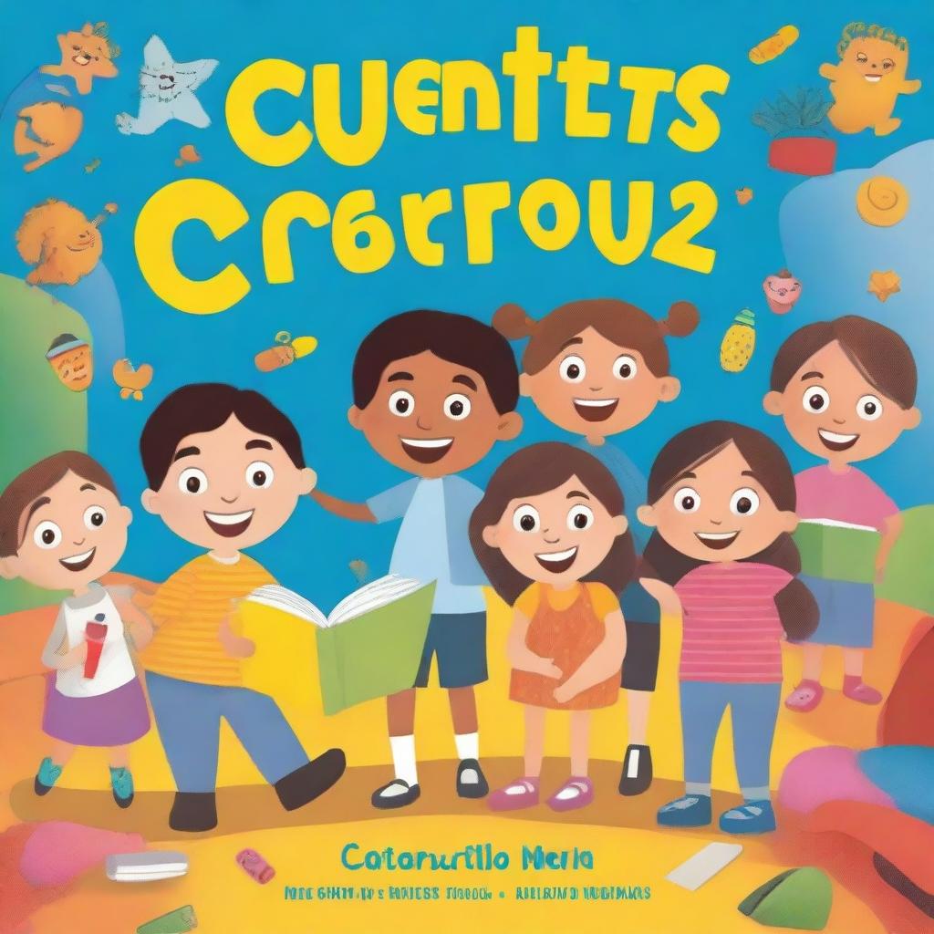 Create a colorful and attractive book cover with the title 'Cuentos con Voz Propia' and the subtitle 'Cuentos escritos por los alumnos de Oratoria Kids'