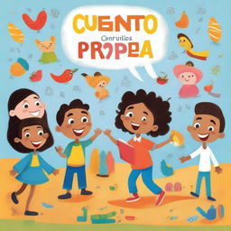 Create a colorful and attractive book cover with the title 'Cuentos con Voz Propia' and the subtitle 'Cuentos escritos por los alumnos de Oratoria Kids'