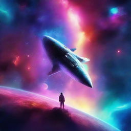 A stunning digital art scene of space exploration, featuring a futuristic spaceship navigating through a galaxy filled with colorful nebulas and distant stars