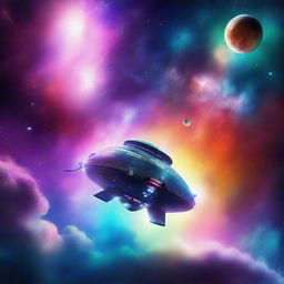 A stunning digital art scene of space exploration, featuring a futuristic spaceship navigating through a galaxy filled with colorful nebulas and distant stars