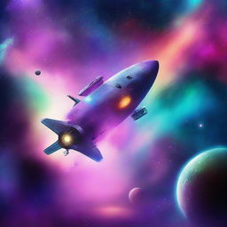 A stunning digital art scene of space exploration, featuring a futuristic spaceship navigating through a galaxy filled with colorful nebulas and distant stars