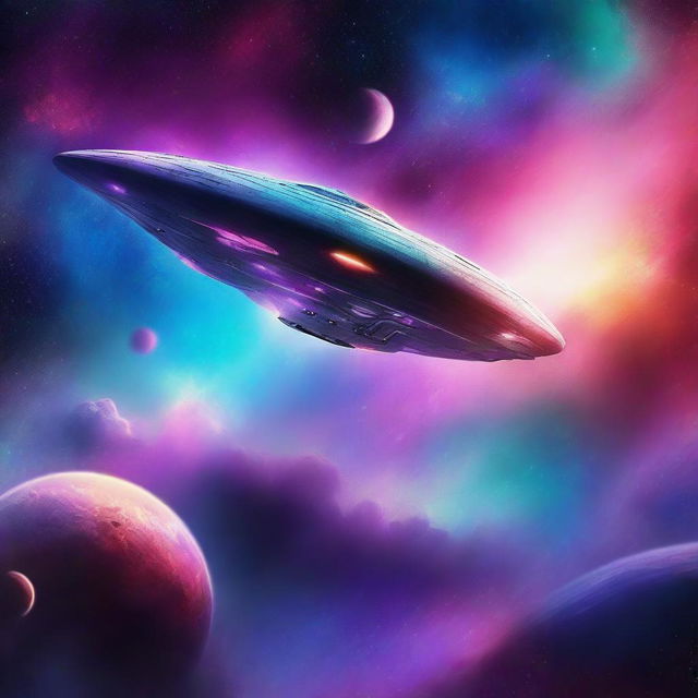 A stunning digital art scene of space exploration, featuring a futuristic spaceship navigating through a galaxy filled with colorful nebulas and distant stars