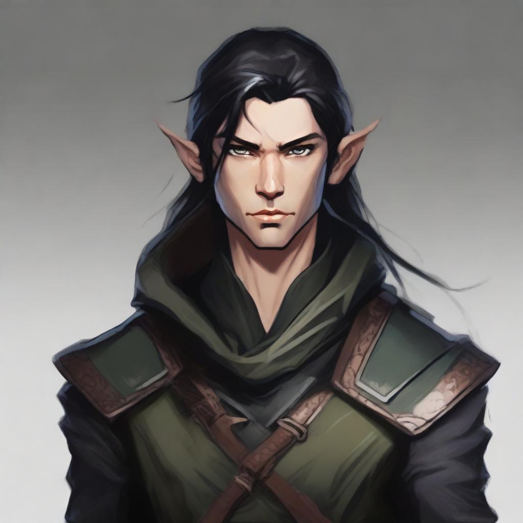 A portrait of a martial artist wood elf (D&D style) with coppery skin and black hair