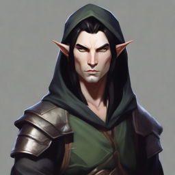 A portrait of a martial artist wood elf (D&D style) with coppery skin and black hair