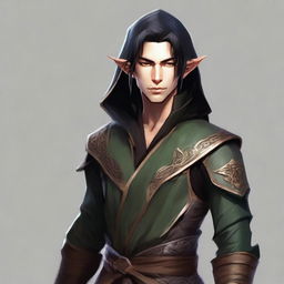 A portrait of a martial artist wood elf (D&D style) with coppery skin and black hair