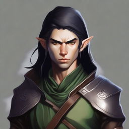 A portrait of a martial artist wood elf (D&D style) with coppery skin and black hair