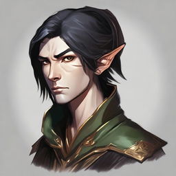 A portrait of a martial artist wood elf (D&D style) with coppery skin and black hair