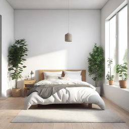 A cozy Scandinavian-style small bedroom featuring minimalist furniture, light wooden floors, white walls, and soft, neutral-toned bedding