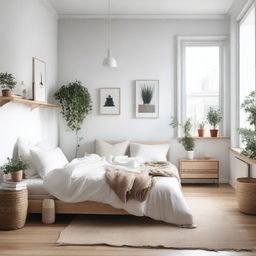 A cozy Scandinavian-style small bedroom featuring minimalist furniture, light wooden floors, white walls, and soft, neutral-toned bedding