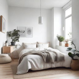 A cozy Scandinavian-style small bedroom featuring minimalist furniture, light wooden floors, white walls, and soft, neutral-toned bedding