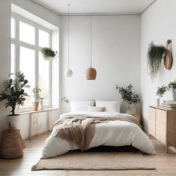 A cozy Scandinavian-style small bedroom featuring minimalist furniture, light wooden floors, white walls, and soft, neutral-toned bedding