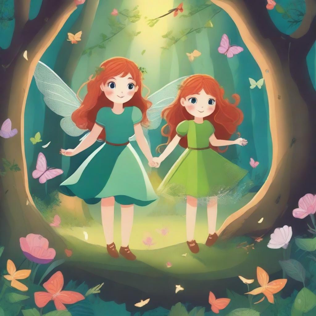 A vibrant and enchanting scene from a fairy tale featuring brave little girls