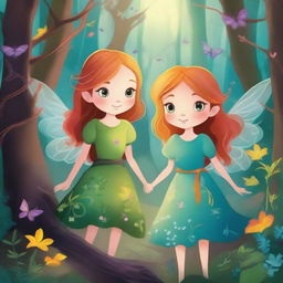 A vibrant and enchanting scene from a fairy tale featuring brave little girls