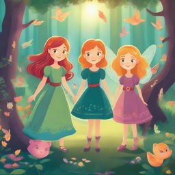 A vibrant and enchanting scene from a fairy tale featuring brave little girls