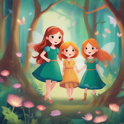 A vibrant and enchanting scene from a fairy tale featuring brave little girls