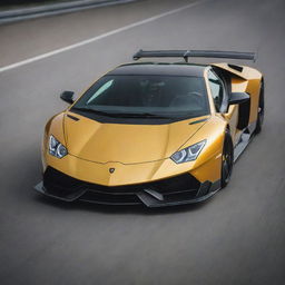 Lamborghini cars revolutionized into high-speed Formula 1 racing cars, featuring advanced aerodynamics, sleek designs, and sporting the iconic golden bull logo.