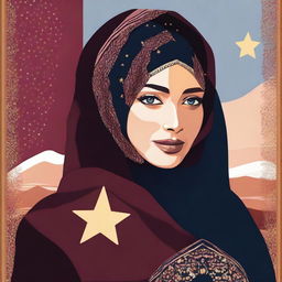 A copper tone woman with purple eyes, covered in a maroon intricate hijab with a face veil, wearing a black long dress