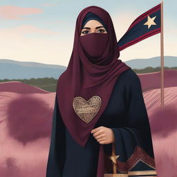 A copper tone woman with purple eyes, covered in a maroon intricate hijab with a face veil, wearing a black long dress